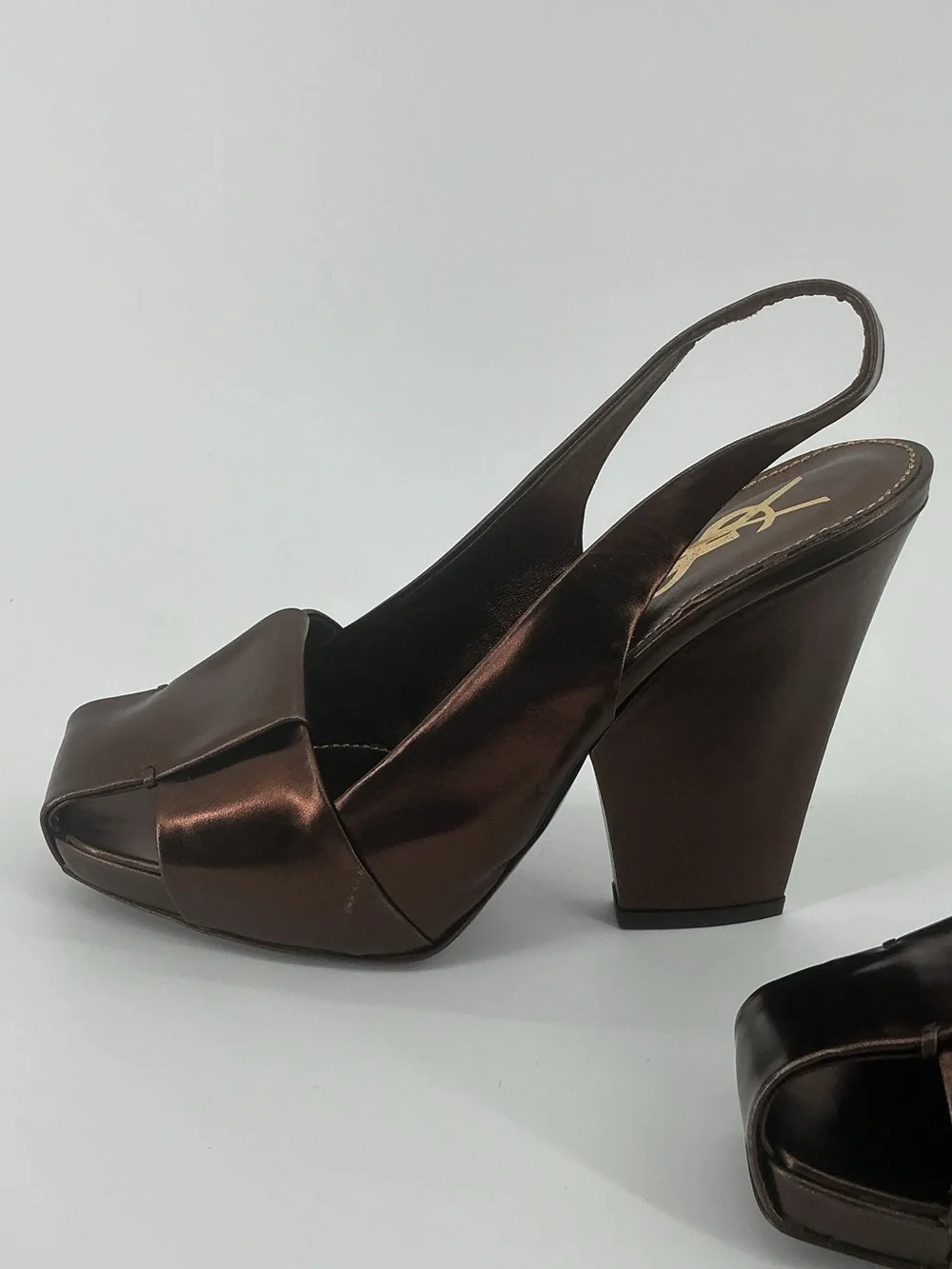 Yves Saint Laurent YSL Bronze Metallic Leather Slingback Heels 38.5